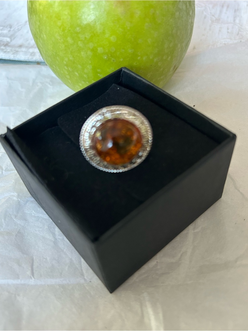 Sterling-Style Ring with Amber-Tone Cabochon